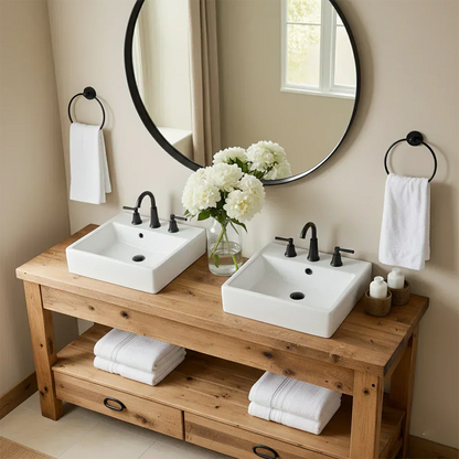 Open Frame Double Sink Solid Wood Vanity – Japandi Rustic Design - Elitegemse