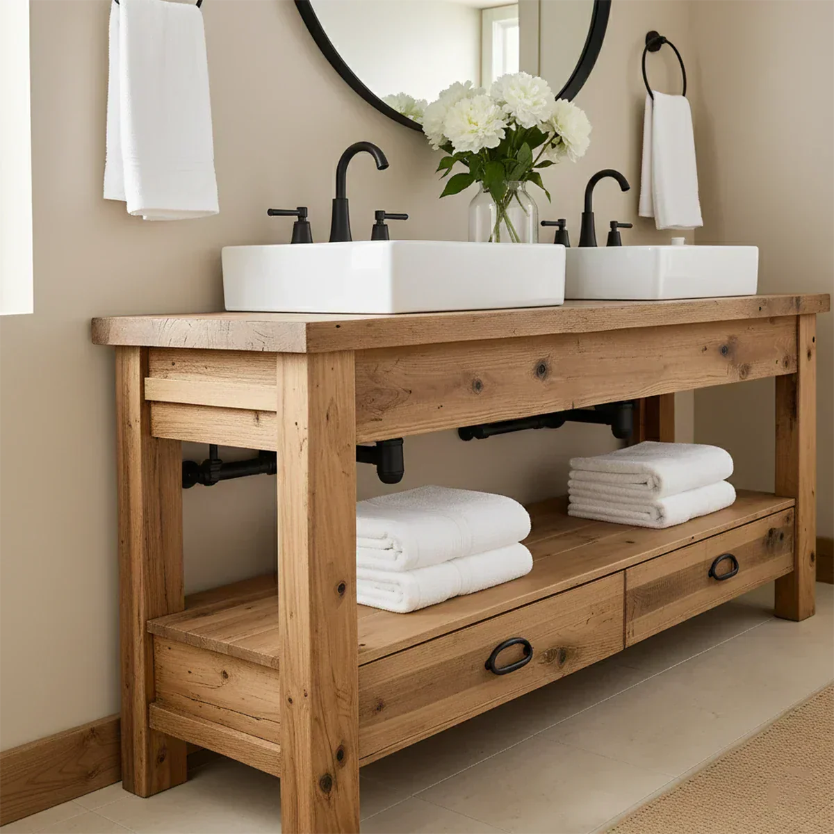 Open Frame Double Sink Solid Wood Vanity – Japandi Rustic Design - Elitegemse