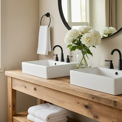 Open Frame Double Sink Solid Wood Vanity – Japandi Rustic Design - Elitegemse