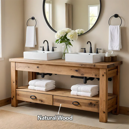 Open Frame Double Sink Solid Wood Vanity – Japandi Rustic Design - Elitegemse
