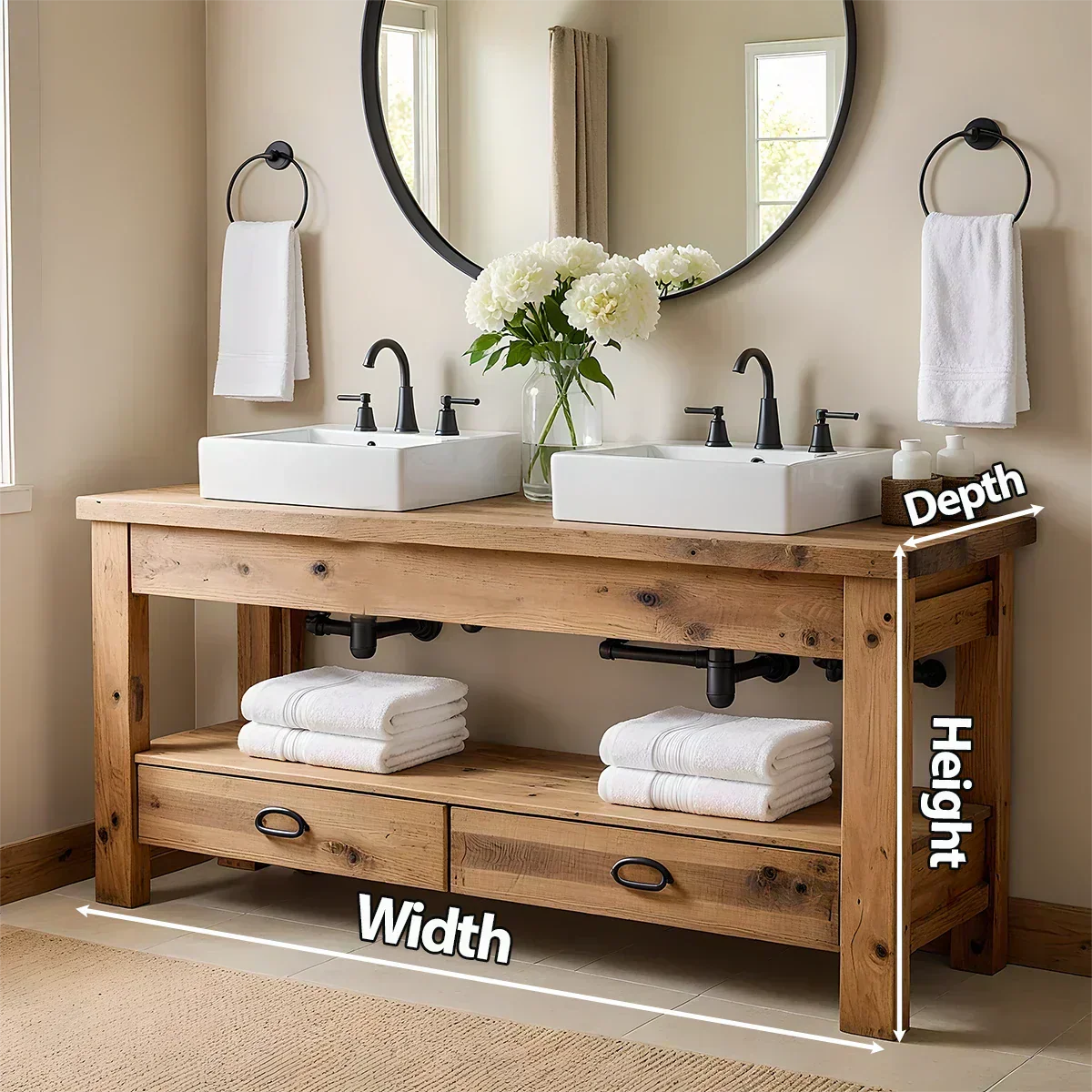 Open Frame Double Sink Solid Wood Vanity – Japandi Rustic Design - Elitegemse