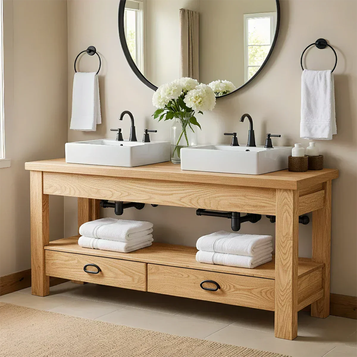 Open Frame Double Sink Solid Wood Vanity – Japandi Rustic Design - Elitegemse