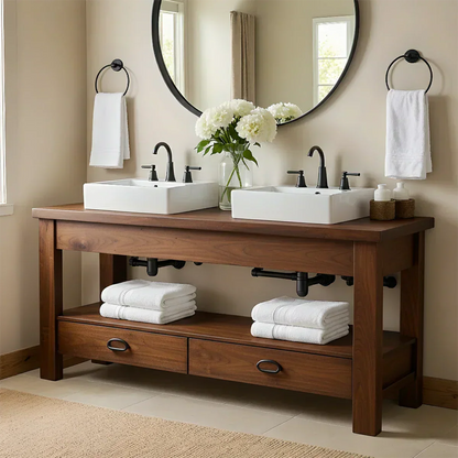 Open Frame Double Sink Solid Wood Vanity – Japandi Rustic Design - Elitegemse
