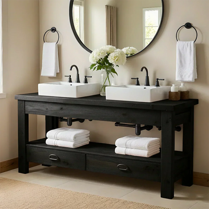 Open Frame Double Sink Solid Wood Vanity – Japandi Rustic Design - Elitegemse