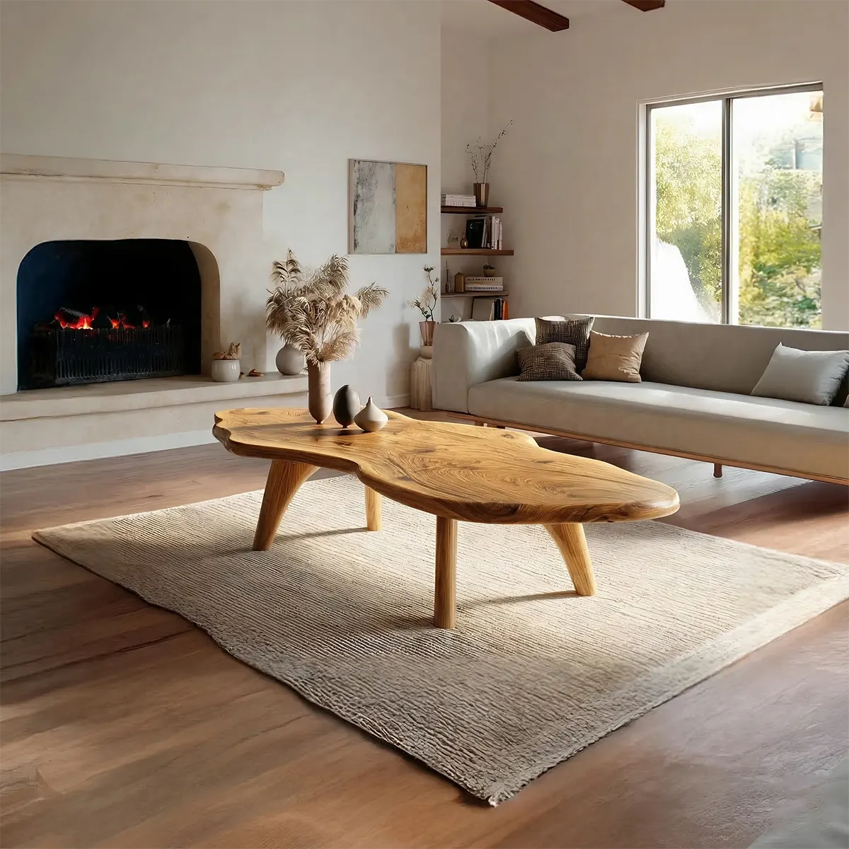 Organic Live Edge Natural Solid Wood Coffee Table with Sculptural Legs - Rustirawood