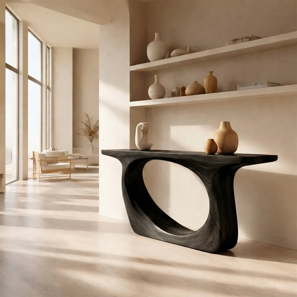 Organic Modern Solid Wood Console Table with Sculptural Curved Form - Woodenecho