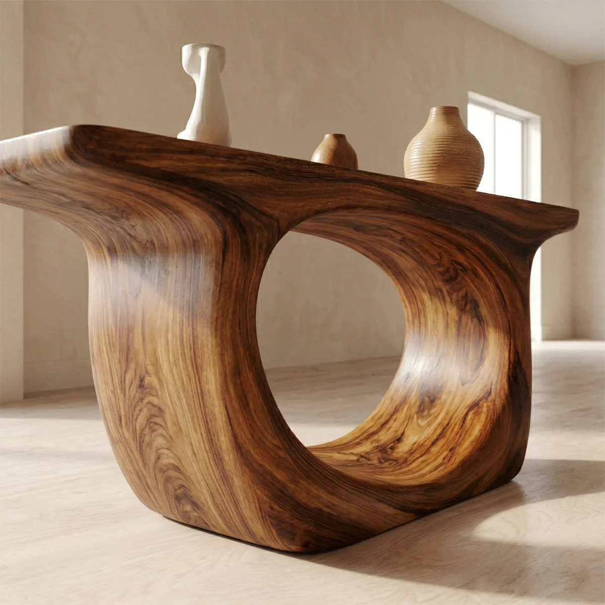 Organic Modern Solid Wood Console Table with Sculptural Curved Form - Woodenecho