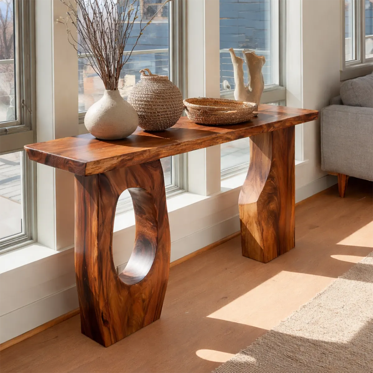 Organic Sculptural Solid Wood Console Table for Entryway Decor - Woodenecho