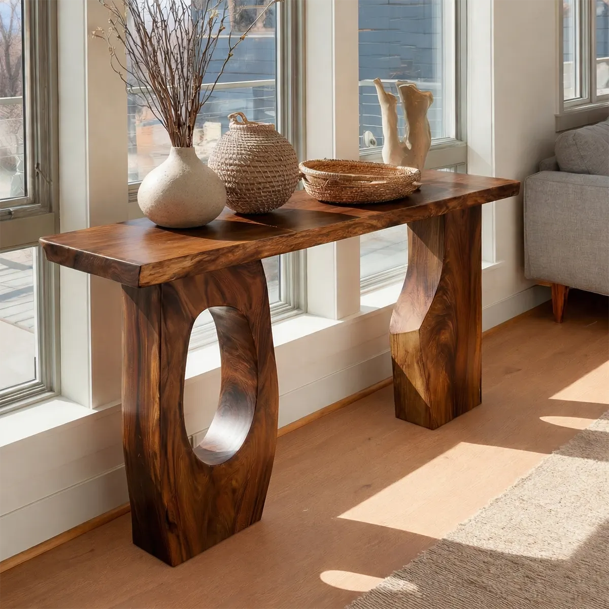 Organic Sculptural Solid Wood Console Table for Entryway Decor - Woodenecho