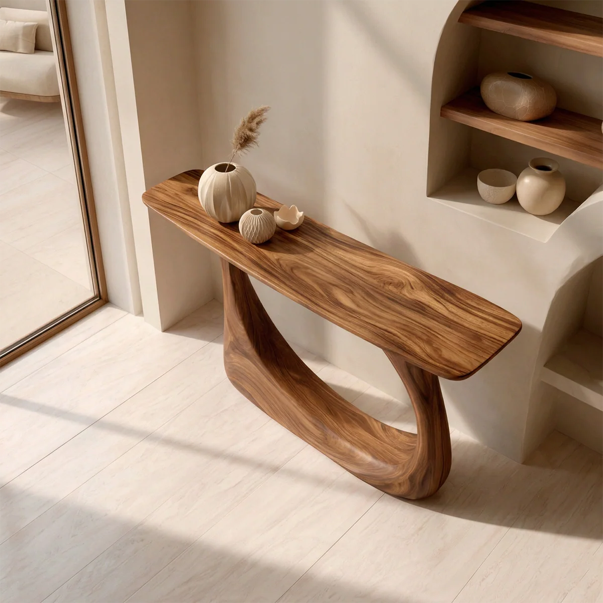 Organic Sculptural Solid Wood Console Table with Curved Artistic Base - Woodenecho
