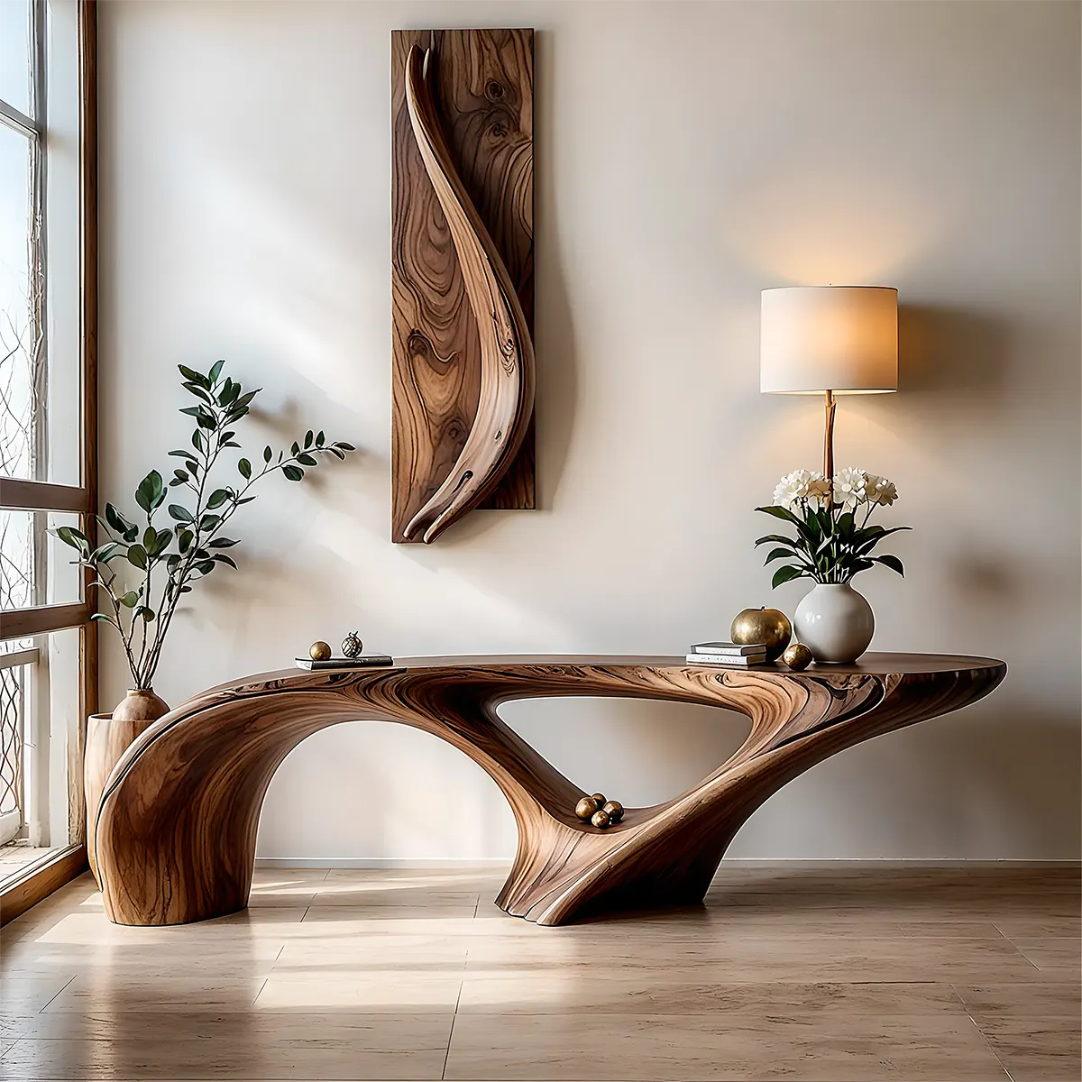 Organic Wave Walnut Console Table – Handcrafted Wood Art - Elitegemse