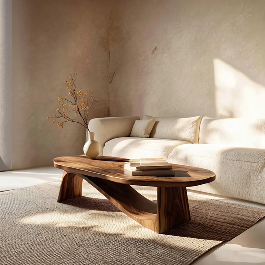 Oval Sculptural Coffee Table with Bridge Base in Natural Solid Wood - Woodenecho