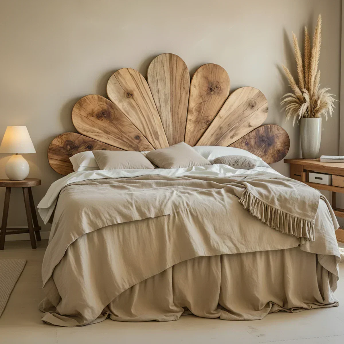 Petal Bloom Solid Wood Headboard – Natural Sculptural Bedroom Accent - Rustirawood