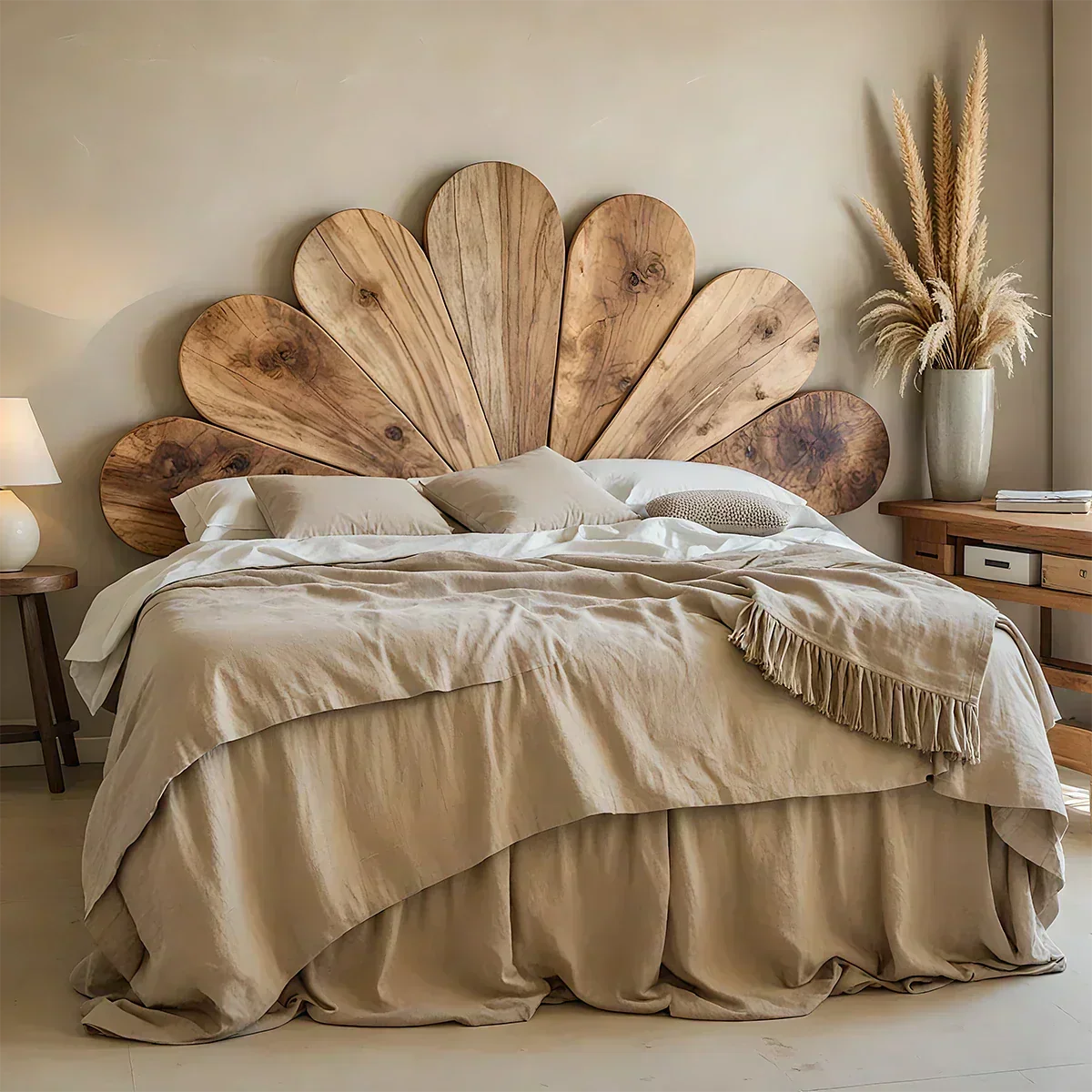 Petal Bloom Solid Wood Headboard – Natural Sculptural Bedroom Accent - Woodenecho