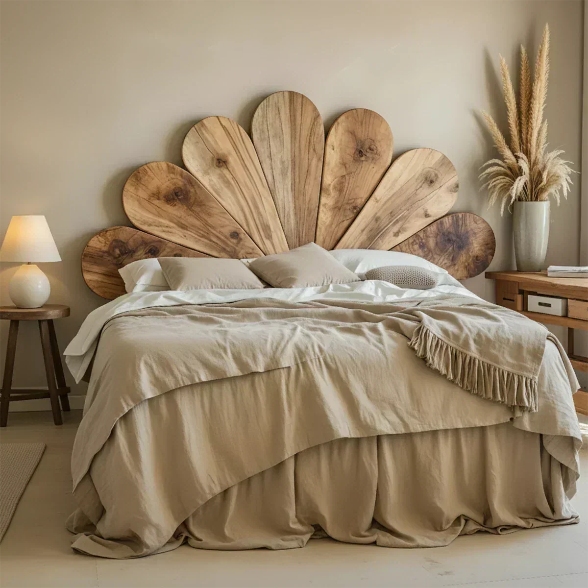 Petal Bloom Solid Wood Headboard – Natural Sculptural Bedroom Accent - Woodenecho