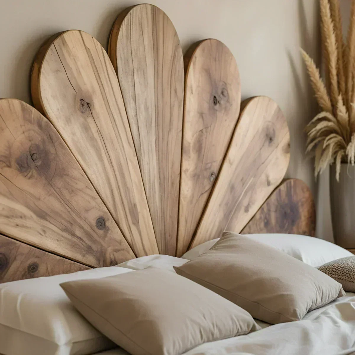 Petal Bloom Solid Wood Headboard – Natural Sculptural Bedroom Accent - Woodenecho
