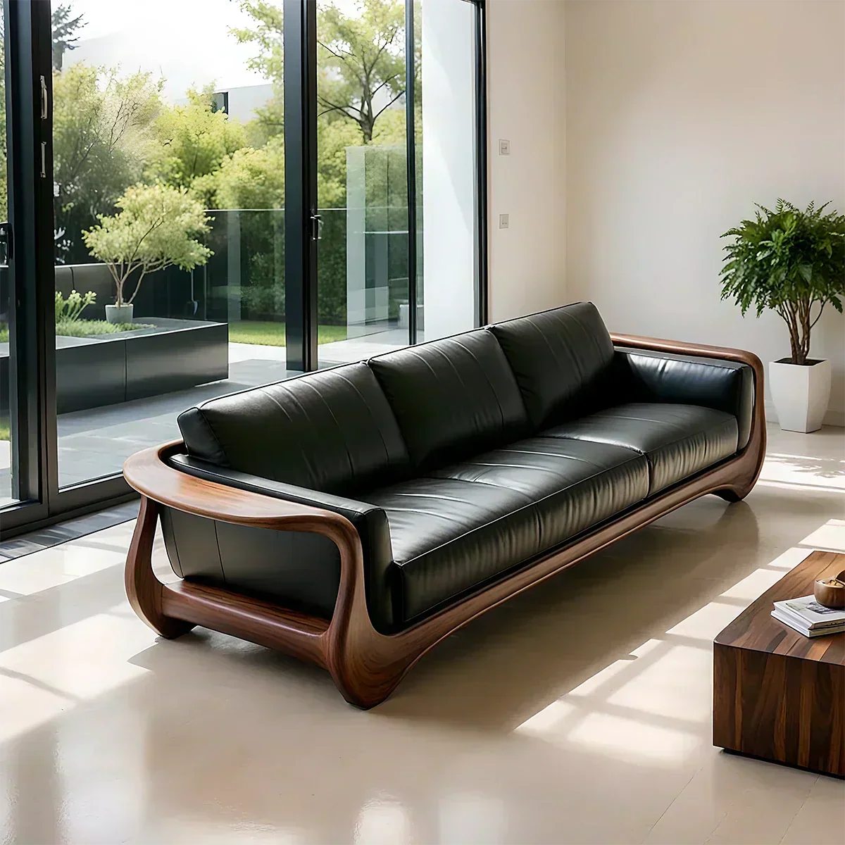 Premium Leather & Natural Solid Wood Sofa – Sculpted Modern Form - Woodenecho