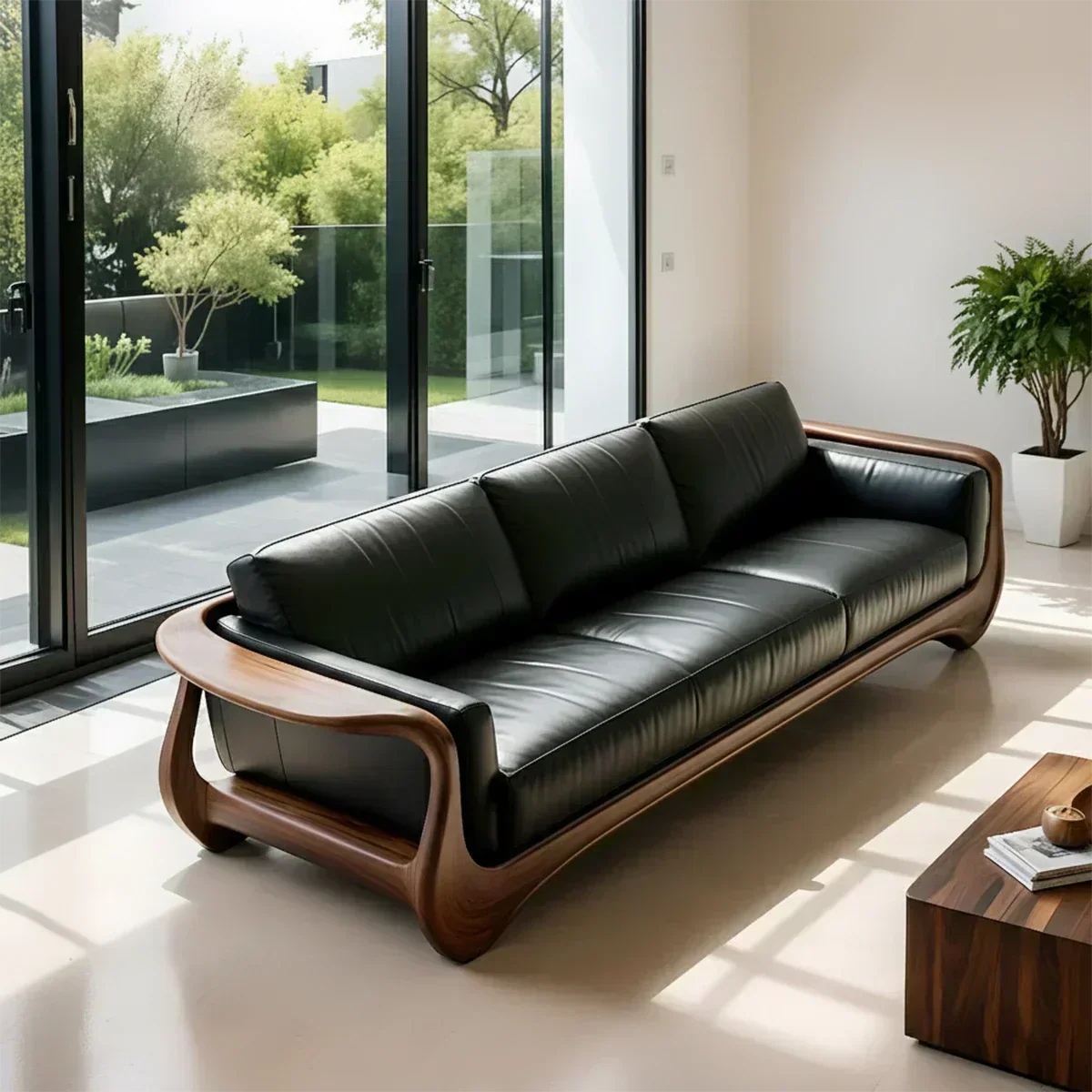 Premium Leather & Natural Solid Wood Sofa – Sculpted Modern Form - Woodenecho