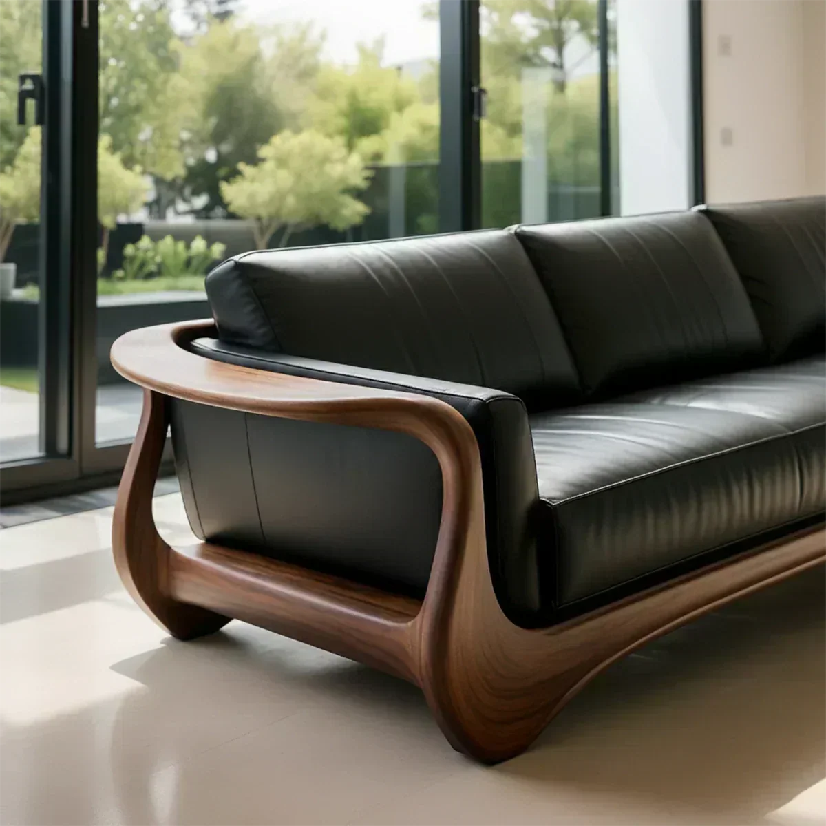 Premium Leather & Natural Solid Wood Sofa – Sculpted Modern Form - Woodenecho