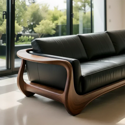 Premium Leather & Natural Solid Wood Sofa – Sculpted Modern Form - Woodenecho