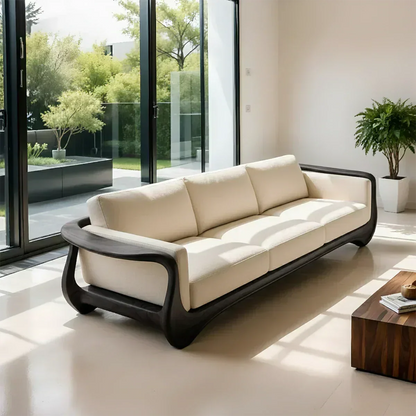 Premium Leather & Natural Solid Wood Sofa – Sculpted Modern Form - Woodenecho
