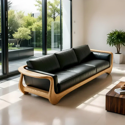 Premium Leather & Natural Solid Wood Sofa – Sculpted Modern Form - Woodenecho