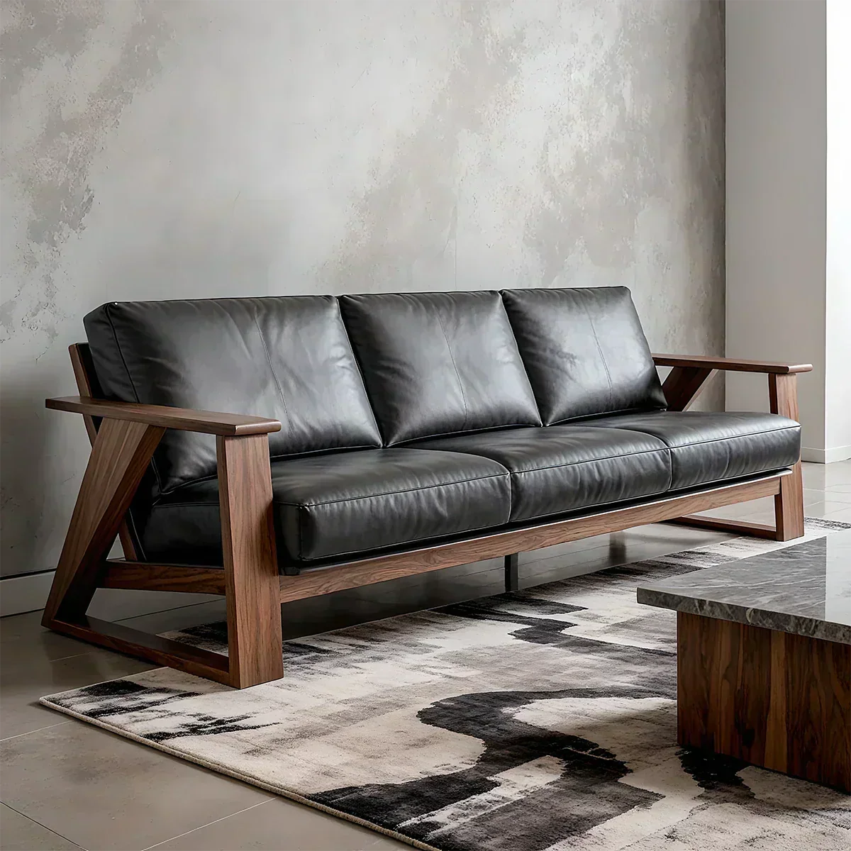 Premium Leather Sofa with Modern Z-Frame in Natural Solid Wood - Woodenecho
