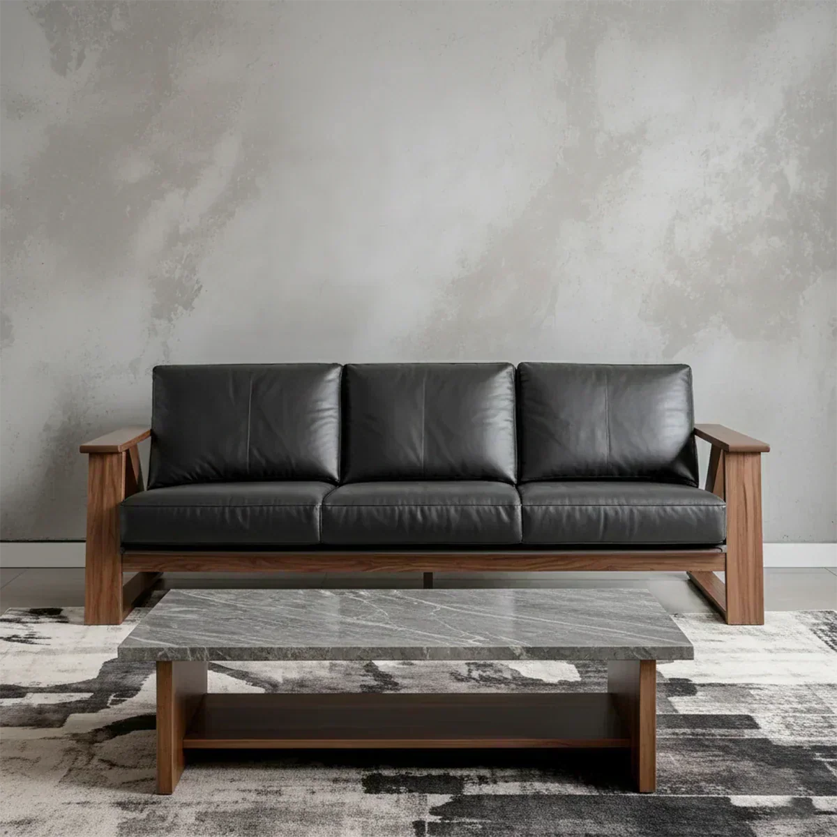 Premium Leather Sofa with Modern Z-Frame in Natural Solid Wood - Woodenecho