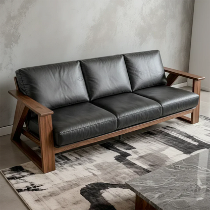 Premium Leather Sofa with Modern Z-Frame in Natural Solid Wood - Woodenecho