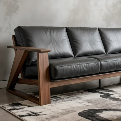 Premium Leather Sofa with Modern Z-Frame in Natural Solid Wood - Woodenecho