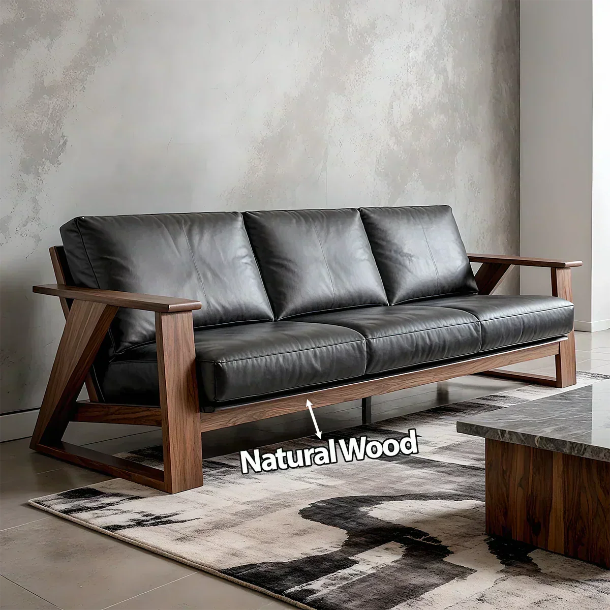 Premium Leather Sofa with Modern Z-Frame in Natural Solid Wood - Woodenecho