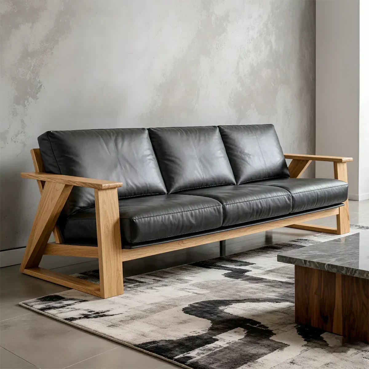Premium Leather Sofa with Modern Z-Frame in Natural Solid Wood - Woodenecho