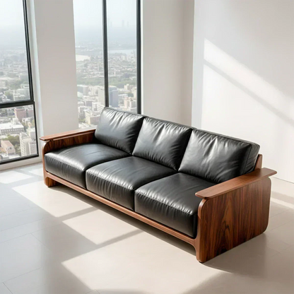 Premium Leather Sofa with Solid Wood Base – Modern Minimalist - Woodenecho