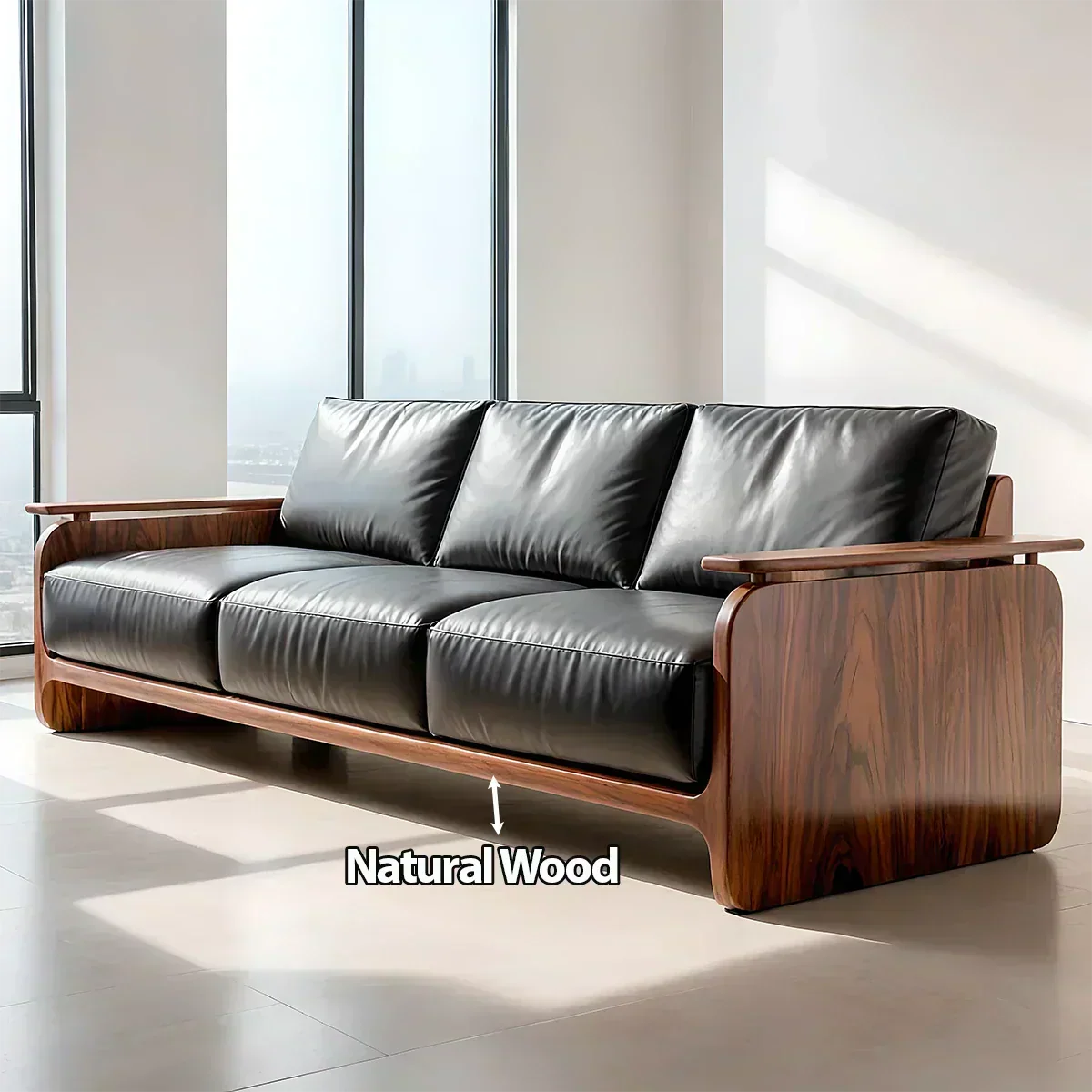 Premium Leather Sofa with Solid Wood Base – Modern Minimalist - Woodenecho