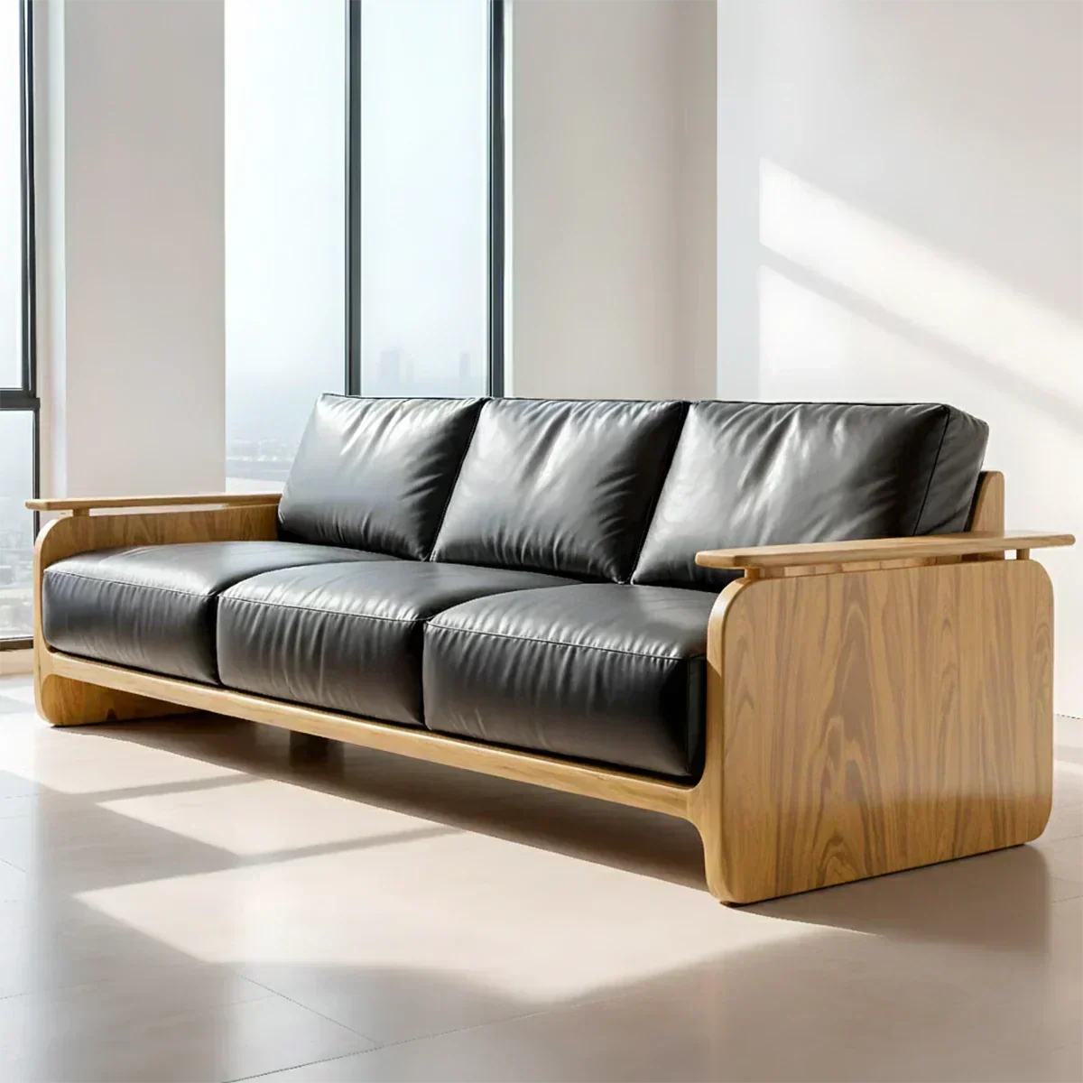 Premium Leather Sofa with Solid Wood Base – Modern Minimalist - Woodenecho