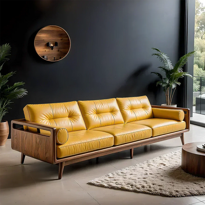 Premium Leather Solid Wood Sofa – Handcrafted Rustic Modern Design - Woodenecho
