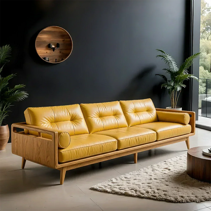Premium Leather Solid Wood Sofa – Handcrafted Rustic Modern Design - Woodenecho
