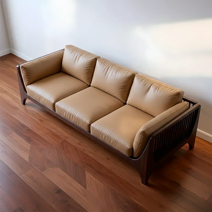 Premium Solid Wood Leather Sofa – Modern Minimal Design - Rustirawood