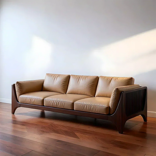 Premium Solid Wood Leather Sofa – Modern Minimal Design - Woodenecho