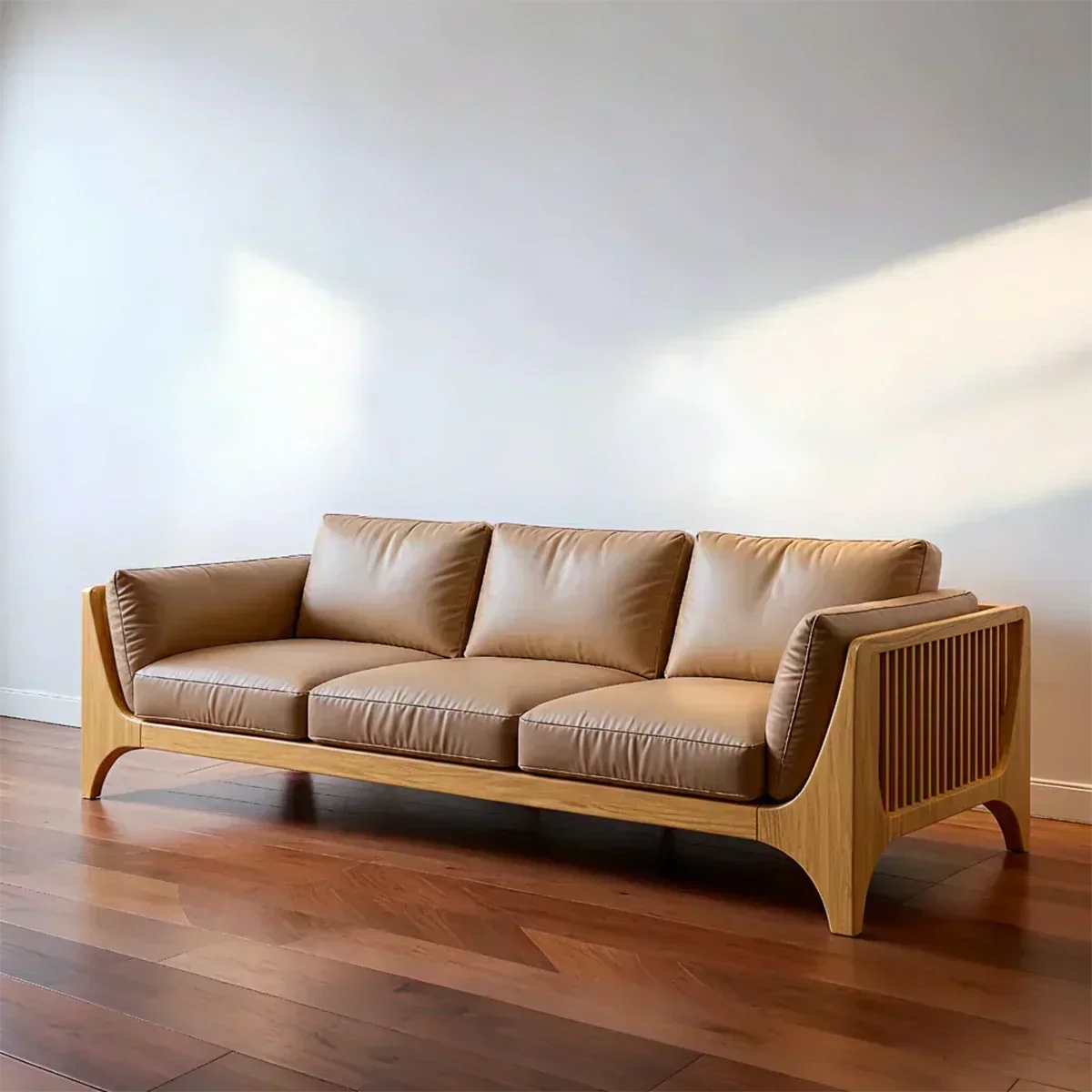 Premium Solid Wood Leather Sofa – Modern Minimal Design - Woodenecho