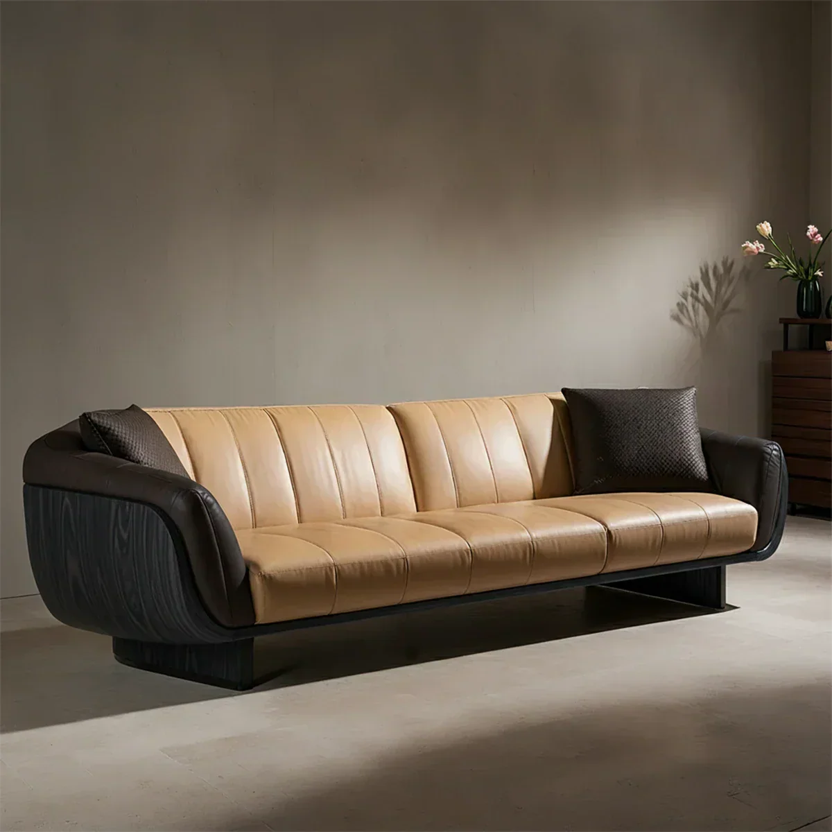 Premium Solid Wood Leather Sofa – Modern Sculptural Design - Rustirawood