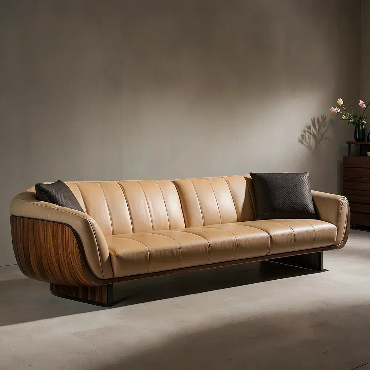 Premium Solid Wood Leather Sofa – Modern Sculptural Design - Woodenecho