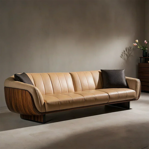 Premium Solid Wood Leather Sofa – Modern Sculptural Design - Woodenecho