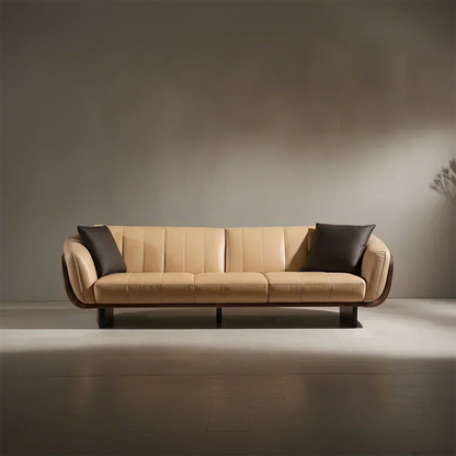 Premium Solid Wood Leather Sofa – Modern Sculptural Design - Woodenecho