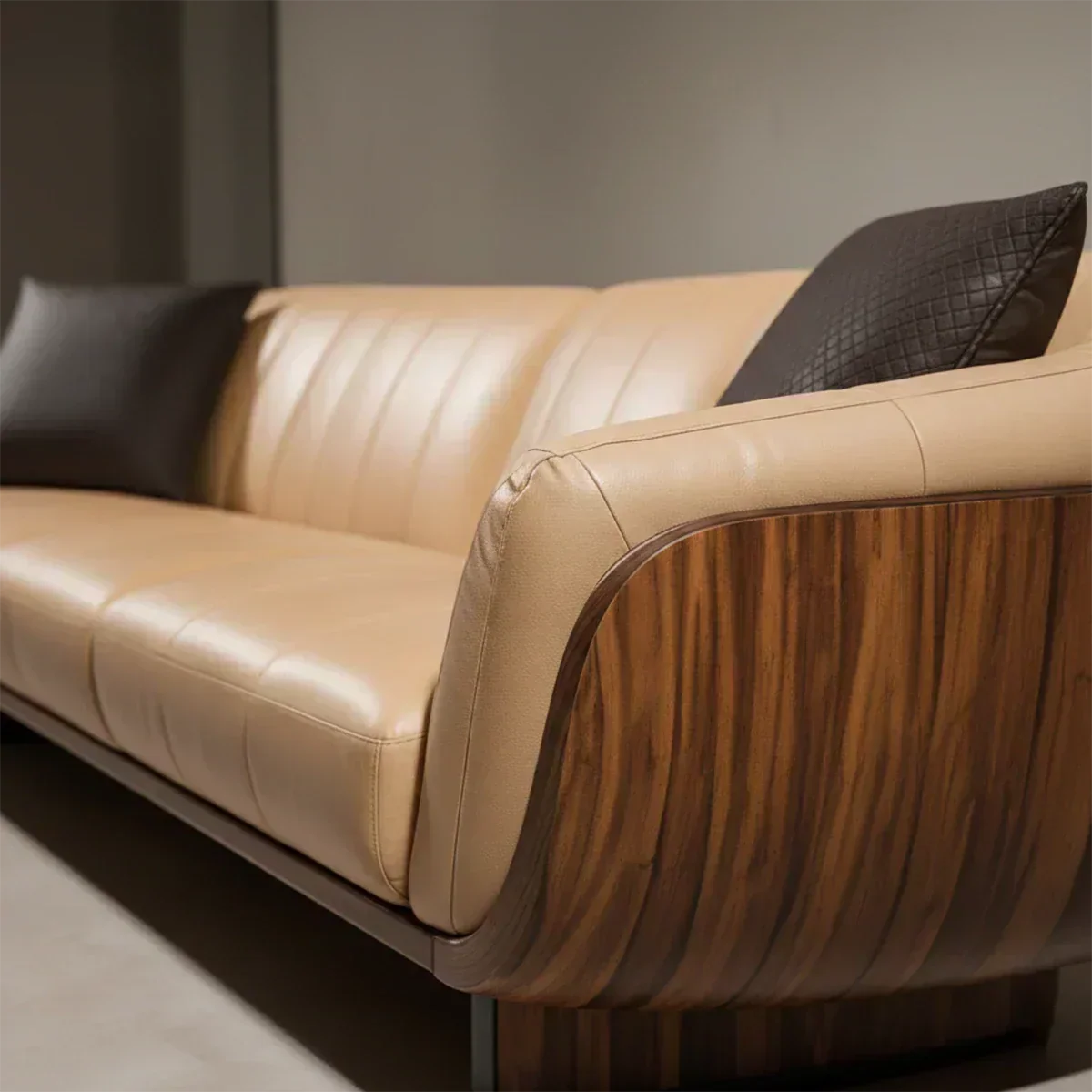 Premium Solid Wood Leather Sofa – Modern Sculptural Design - Woodenecho