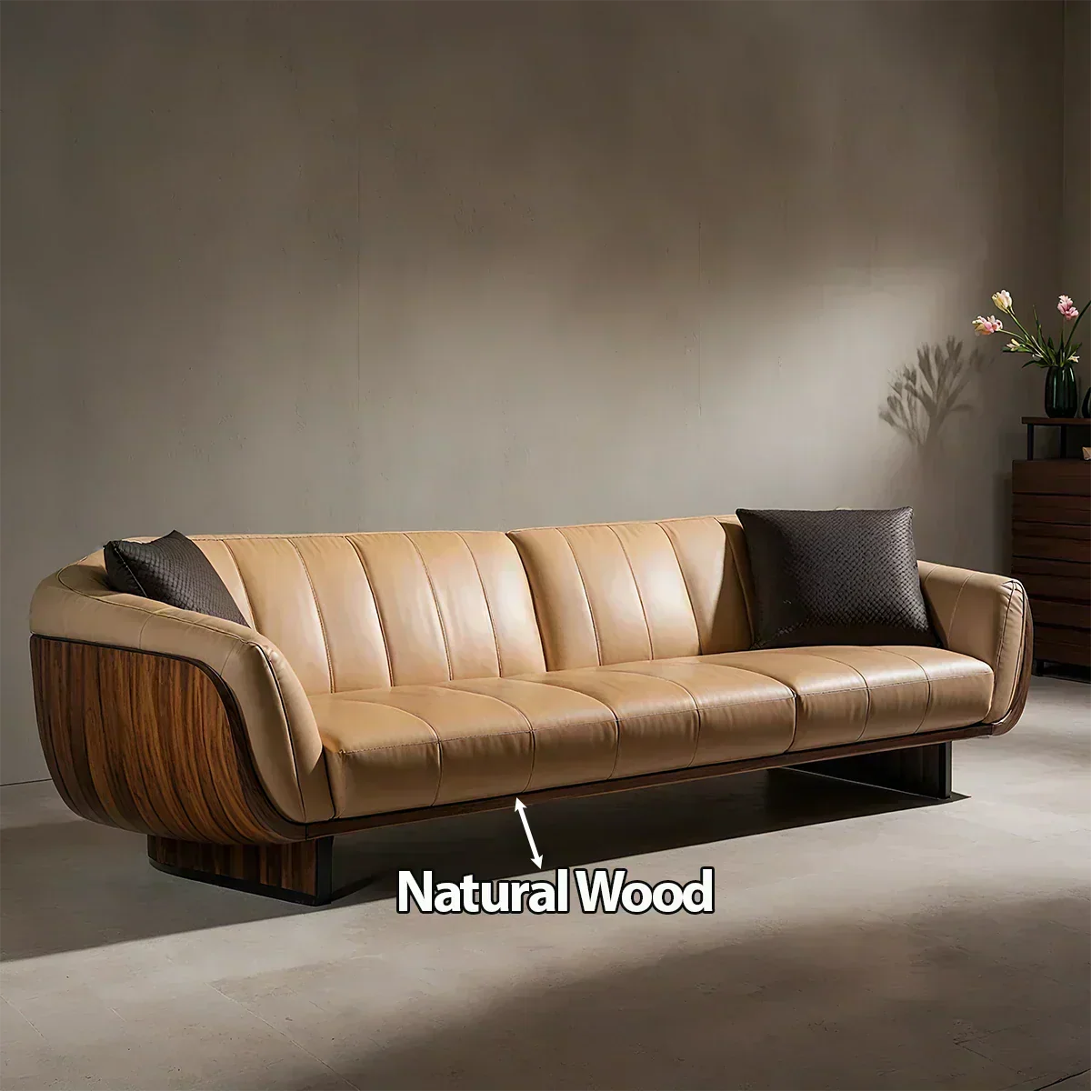 Premium Solid Wood Leather Sofa – Modern Sculptural Design - Woodenecho