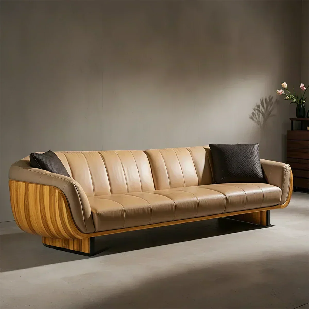Premium Solid Wood Leather Sofa – Modern Sculptural Design - Woodenecho