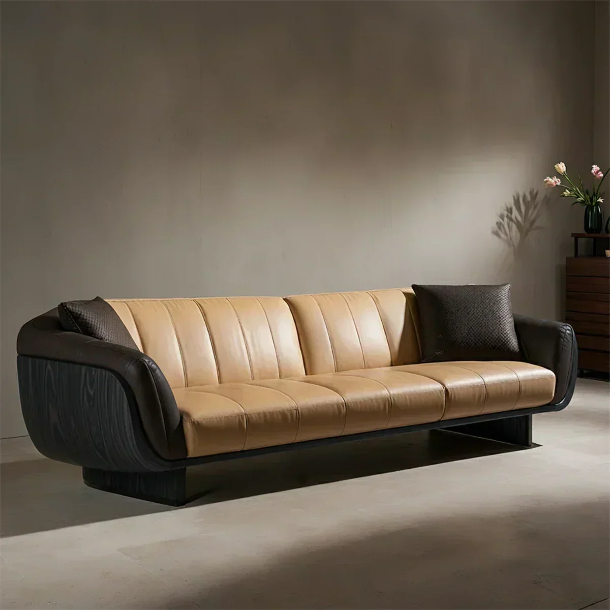 Premium Solid Wood Leather Sofa – Modern Sculptural Design - Woodenecho