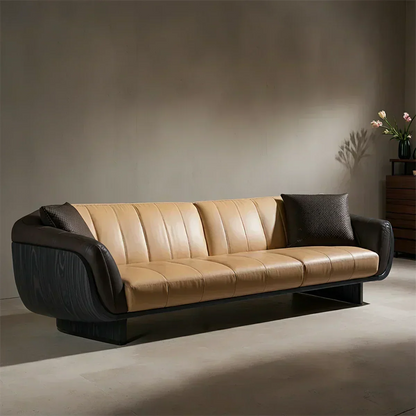 Premium Solid Wood Leather Sofa – Modern Sculptural Design - Woodenecho