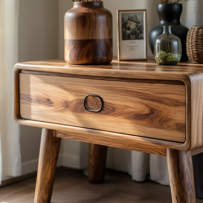 Rounded Solid Wood Nightstand – Minimalist Single-Drawer Design - Rustirawood